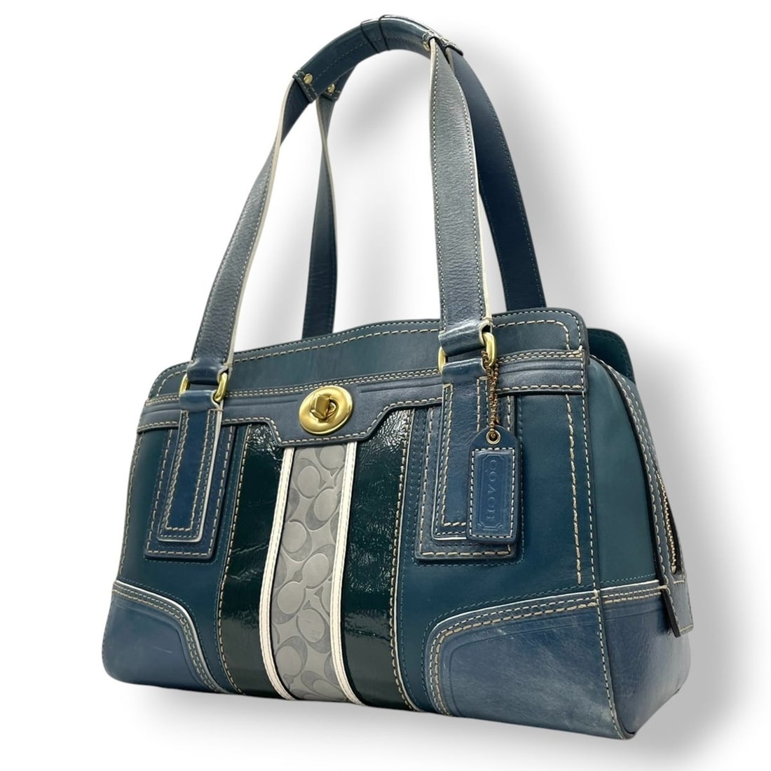 Coach Hamptons Leather Carryall Handbag/Tote Bag, Blue, 11060, Signature Stripe Patent Leather,: --- Catalog ---Category: SizeSize (HxWxD): 18cm x 28cm x 13cm / 7.08'' x 11.02'' x 5.11''Category: DesignType: Handbag, Tote bagColor: Blue, Blue green, GrayGender: WomenMaterial: Leather , Patent lea
