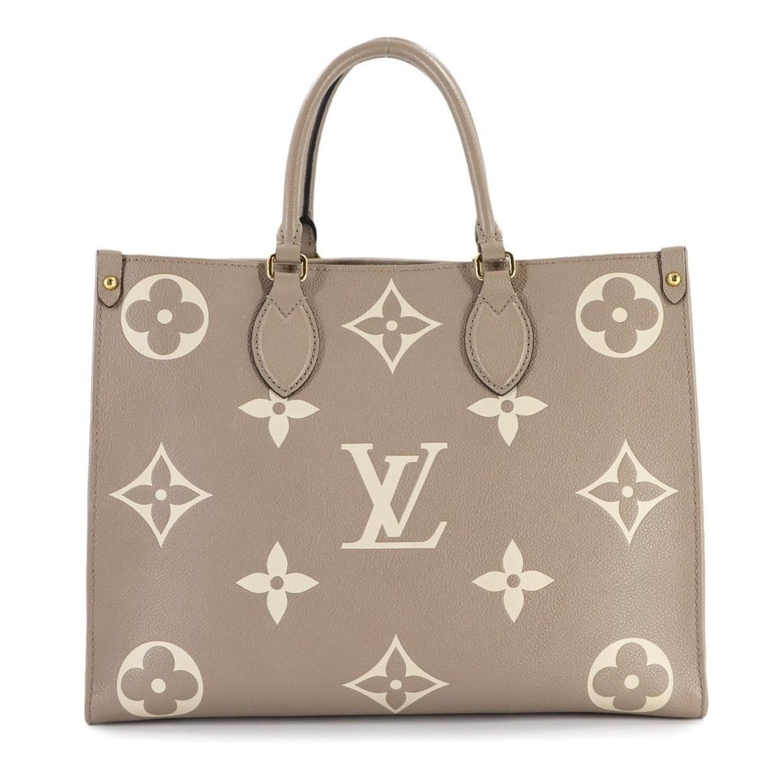 Louis Vuitton Two-tone Monogram Empreinte On-the-Go MM 2-way Tote/Shoulder Bag with Tourterelle: --- Catalog ---Category: SizeSize (HxWxD): 25.5cm x 34.5cm x 15cm / 10.03'' x 13.58'' x 5.9''Category: DesignType: Shoulder bag, Tote bagColor: Cream, TourterelleGender: WomenMaterial: Monogram Emprei