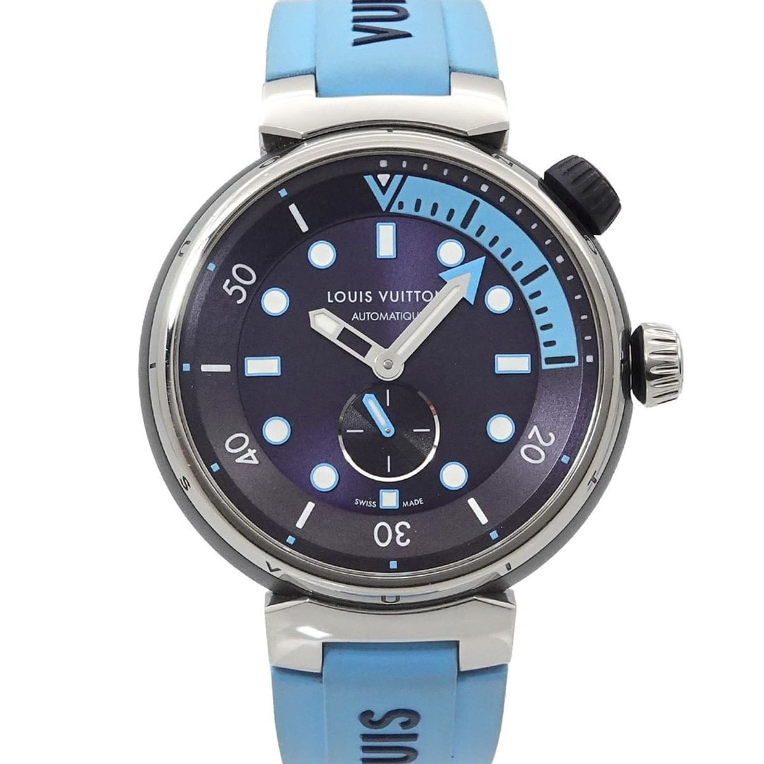 Louis Vuitton Tambour Street Diver Skyline Blue QA121 Men's Watch, Navy Blue, Automatic: --- Catalog ---Category: SizeWrist Size: 16cm - 20.5cm / 6.29'' - 8.07''Case Diameter: 44mm / 1.73''Category: DesignType: WristwatchGender: MenColor (Dial): NavyMaterial (Band): Rubber, Stainless stee