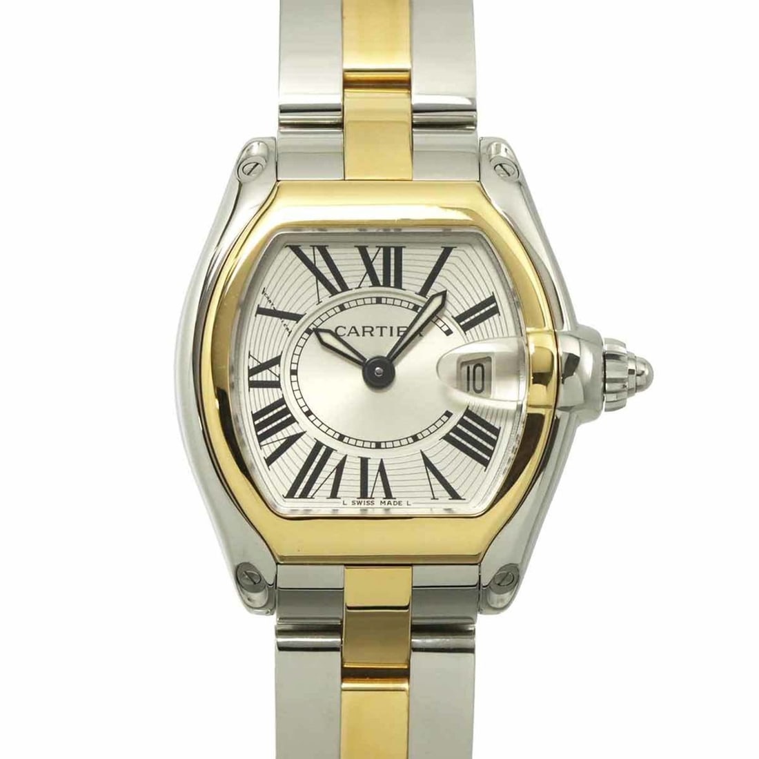 Cartier Roadster SM Two-tone Watch W62026Y4 Women's with Date Display, Silver 18K White Gold Quartz: --- Catalog ---Category: SizeWrist Size: 15cm / 5.9''Case Diameter: 33mm / 1.3''Category: DesignType: WristwatchGender: WomenColor (Dial): SilverMaterial (Band): Stainless steel, Yellow gold (18K)Mate