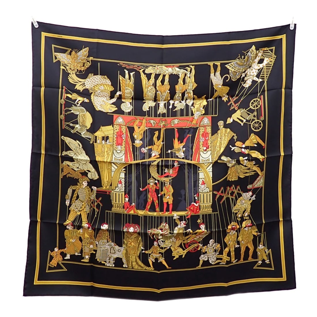 Hermes Hermès Carré 90 Scarf, Women's, Black and Gold Silk, Le TEMPS des MARIONNETTES (Marionette: --- Catalog ---Category: SizeSize (LxW): 86cm x 86cm / 33.85'' x 33.85''Category: DesignType: ScarfColor: Black, GoldGender: WomenMaterial: Silk Category: GeneralBrand: Hermes--- Item List ---Section: