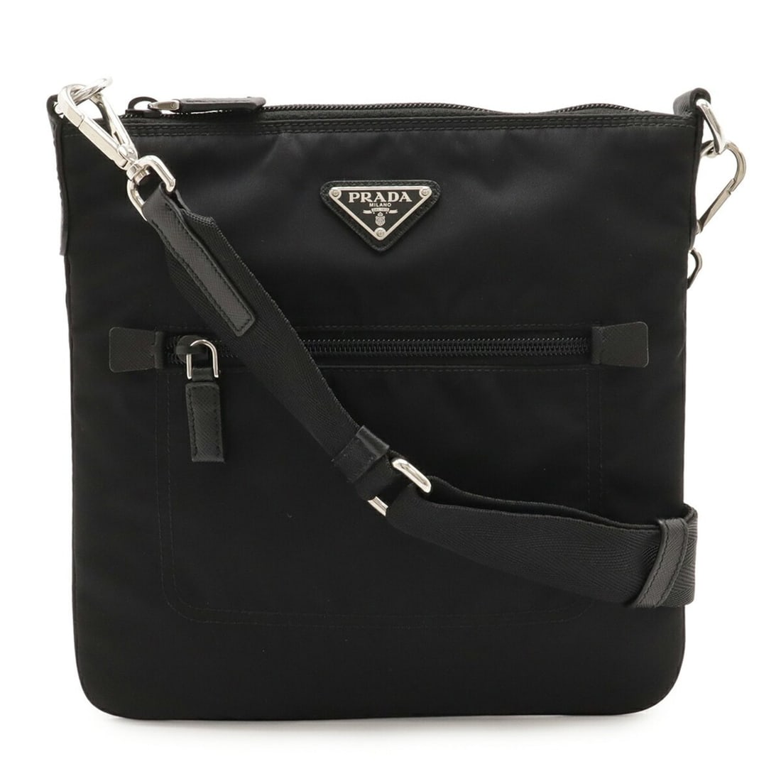 PRADA Triangle Shoulder Bag in Nylon and Leather, Black, Purchased at a Japanese Outlet, 1BH716: --- Catalog ---Category: SizeSize (HxWxD): 24cm x 24.5cm / 9.44'' x 9.64''Category: DesignType: Shoulder bagColor: Black, NeroGender: Women,MenMaterial: Nylon , Leather Category: GeneralBrand: PradaCo