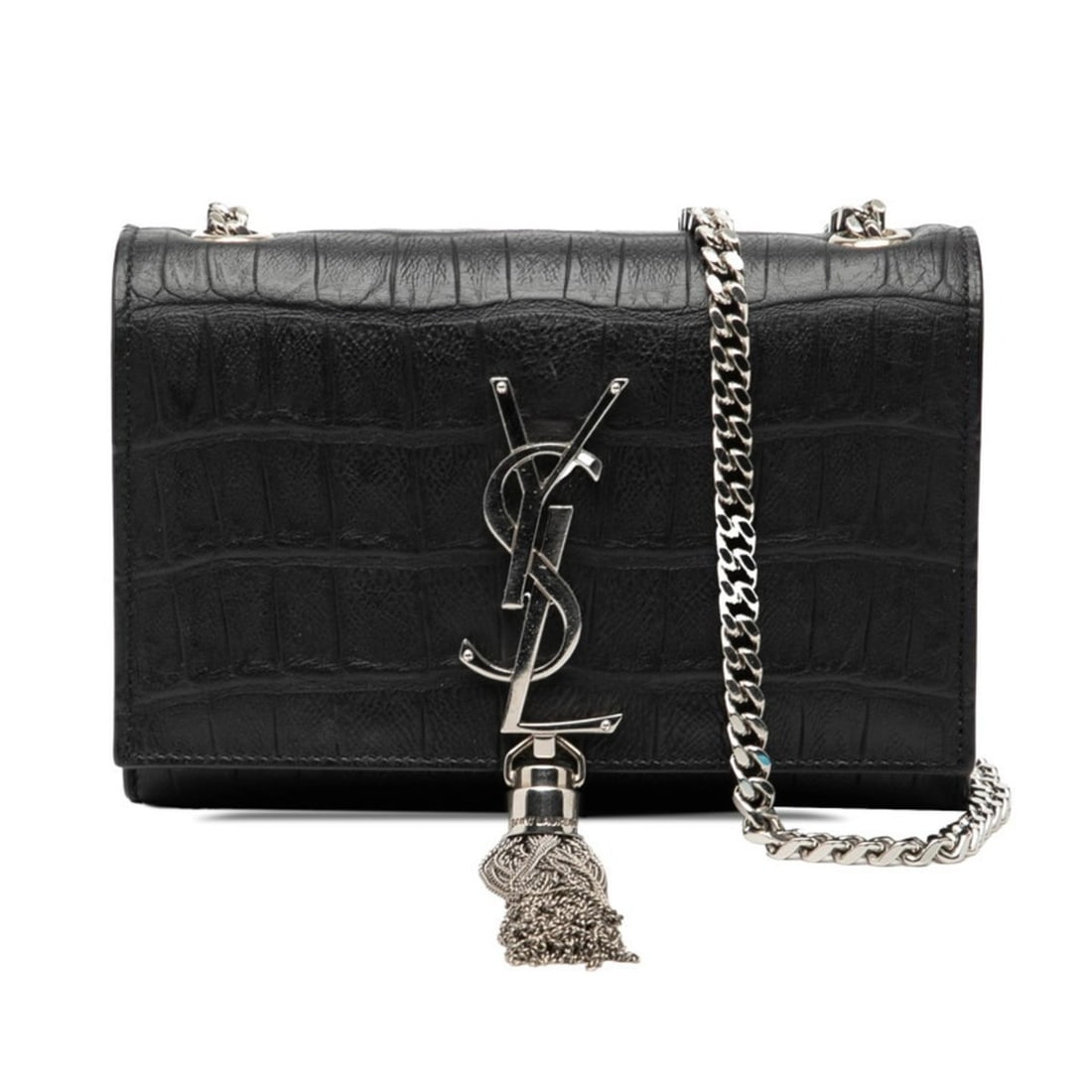 Saint Laurent YSL logo crocodile embossed chain shoulder bag in black and silver leather for women.: --- Catalog ---Category: SizeSize (HxWxD): 11cm x 17cm x 4cm / 4.33'' x 6.69'' x 1.57''Category: DesignType: Shoulder bagColor: BlackGender: WomenMaterial: Leather Category: GeneralBrand: Saint Lauren