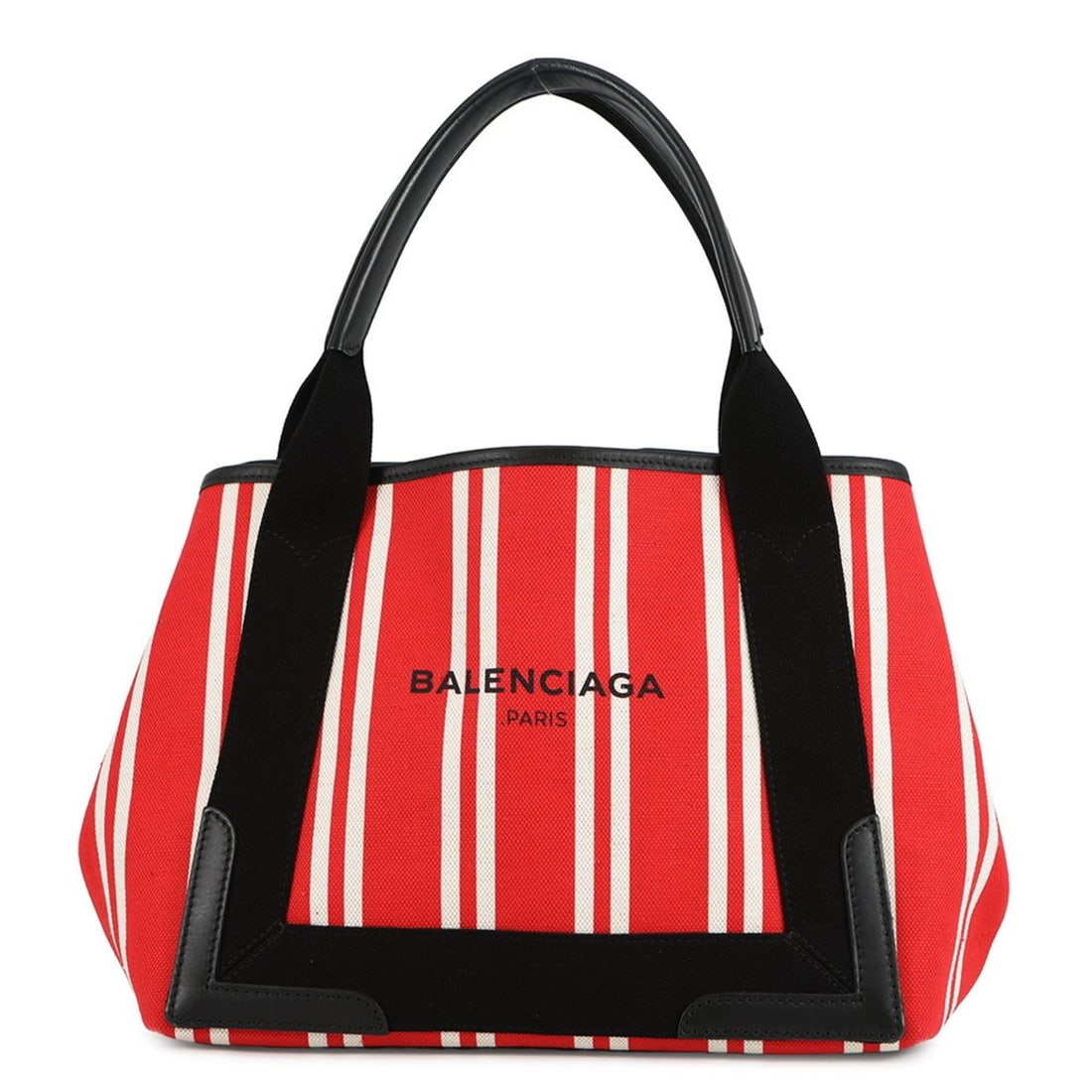 Balenciaga Striped Navy Cabas Tote Bag, Small, 339933: --- Catalog ---Category: SizeWeight: 530g / 1.16lb.Size (HxWxD): 23cm x 31cm x 18cm / 9.05'' x 12.2'' x 7.08''Category: DesignType: Tote bagColor: Black, Red color, WhiteGender: WomenMaterial: Canvas