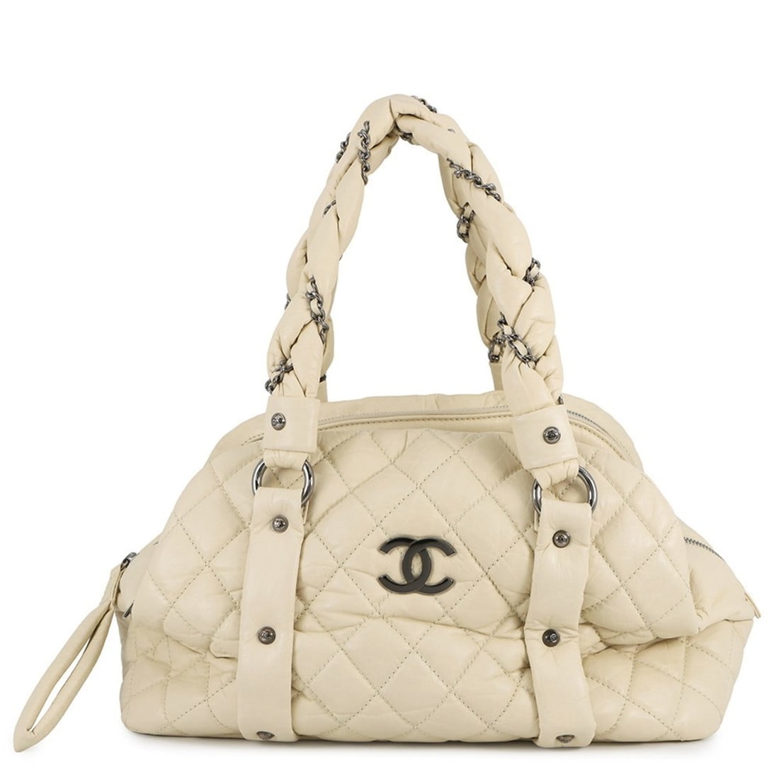 CHANEL Matelasse Coco Mark Chain Mini Boston Bag in Bubble Quilted Leather: --- Catalog ---Category: SizeWeight: 990g / 2.18lb.Size (HxWxD): 20.5cm x 33cm x 19cm / 8.07'' x 12.99'' x 7.48''Category: DesignType: Boston bag, HandbagColor: IvoryGender: WomenClosure: ZipperMateri
