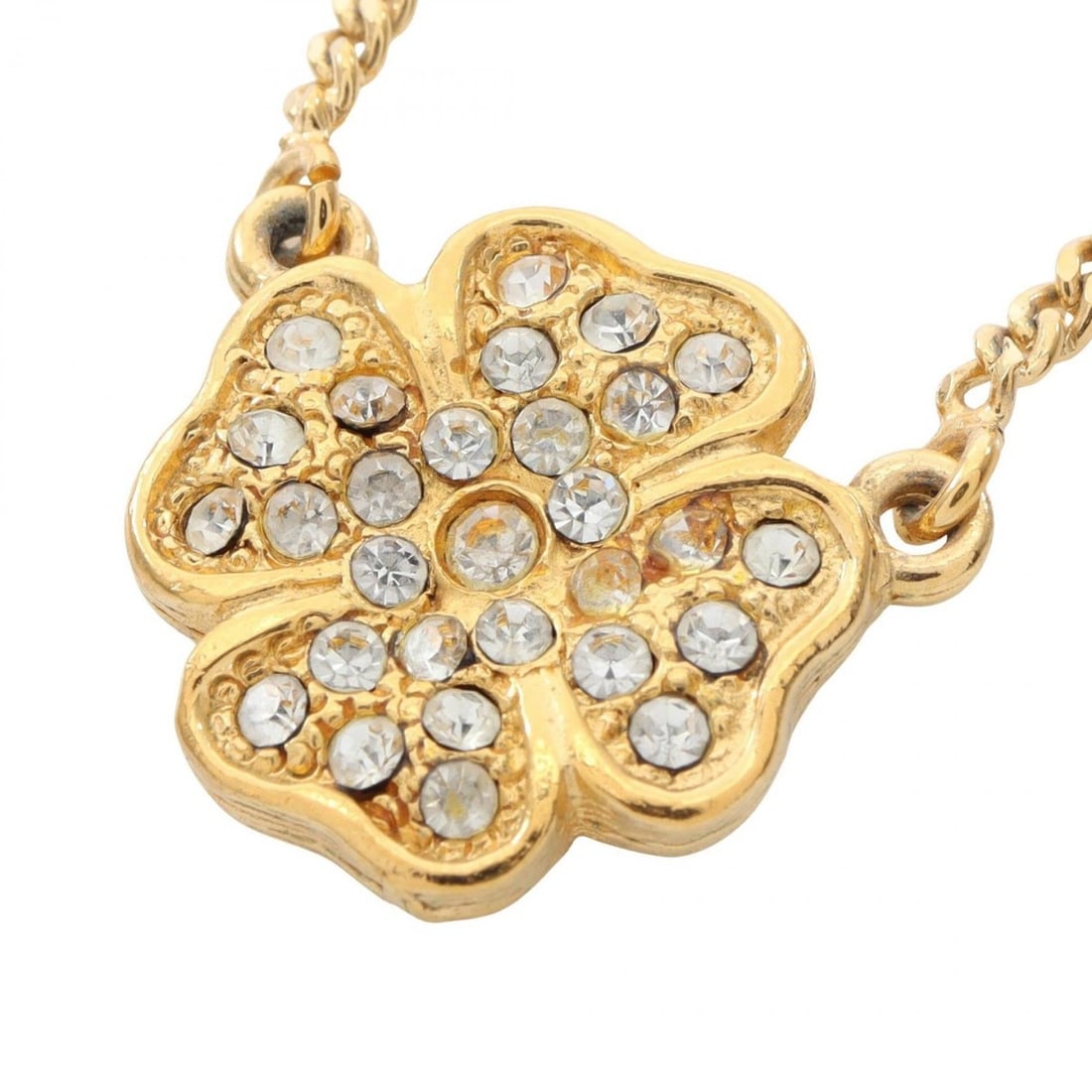 CHANEL Coco Mark Clover Necklace with Gold-Plated Rhinestones, Women's, Gold and Clear: --- Catalog ---Category: SizePendant Size: 17mm x 17mm / 0.66'' x 0.66''Neck Circumference: 37 cm / 14.56''Category: DesignColor: Clear, GoldGender: WomenMaterial: Gold plating, RhinestoneNecklace Typ