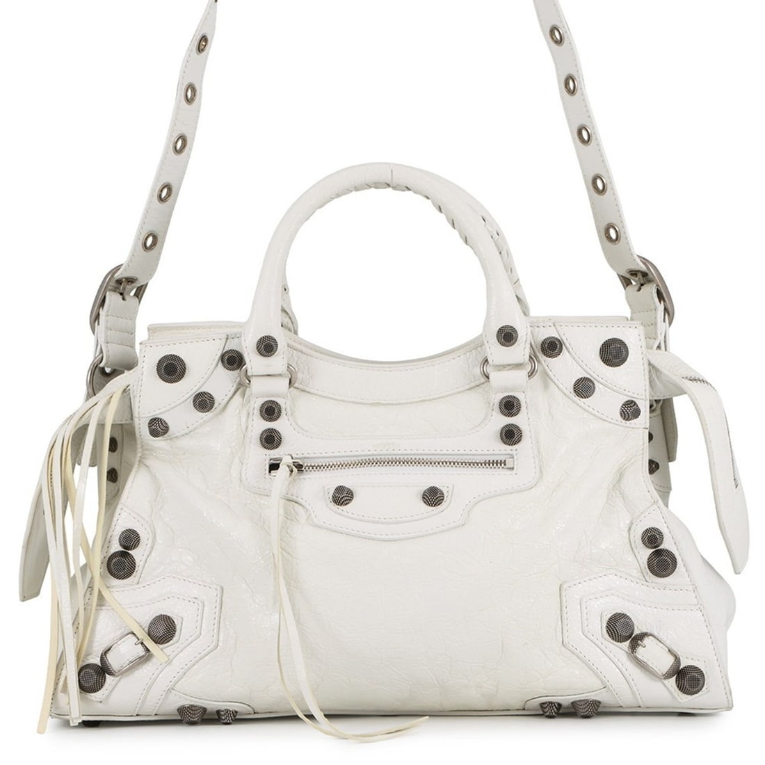 Balenciaga Neo Cagoule City Handbag in Processed Leather (700451) - White (2-Way): --- Catalog ---Category: SizeWeight: 1.24kg / 2.73lb.Size (HxWxD): 23cm x 38cm x 15.5cm / 9.05'' x 14.96'' x 6.1''Strap Length: 44cm - 109cm / 17.32'' - 42.91''Category: DesignType: HandbagColor: Whit