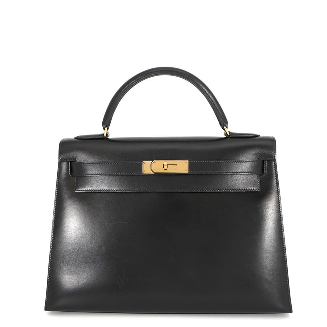 Hermes Hermès Kelly 32 Handbag, Black Box Calf Leather, with Exterior Stitching, Double Engraved,: --- Catalog ---Category: SizeWeight: 890g / 1.96lb.Size (HxWxD): 22cm x 31.5cm x 12cm / 8.66'' x 12.4'' x 4.72''Strap Length: 90cm / 35.43''Category: DesignType: HandbagColor: BlackGender: WomenClosur
