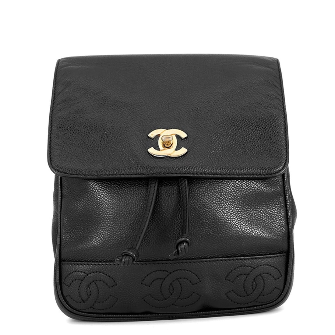 CHANEL Backpack Triple Coco Mark Caviar Skin Bag Black: --- Catalog ---Category: SizeWeight: 710g / 1.56lb.Size (HxWxD): 27cm x 21cm x 10cm / 10.62'' x 8.26'' x 3.93''Category: DesignType: BackpackColor: BlackGender: WomenClosure: FlapMaterial: Grained Cal