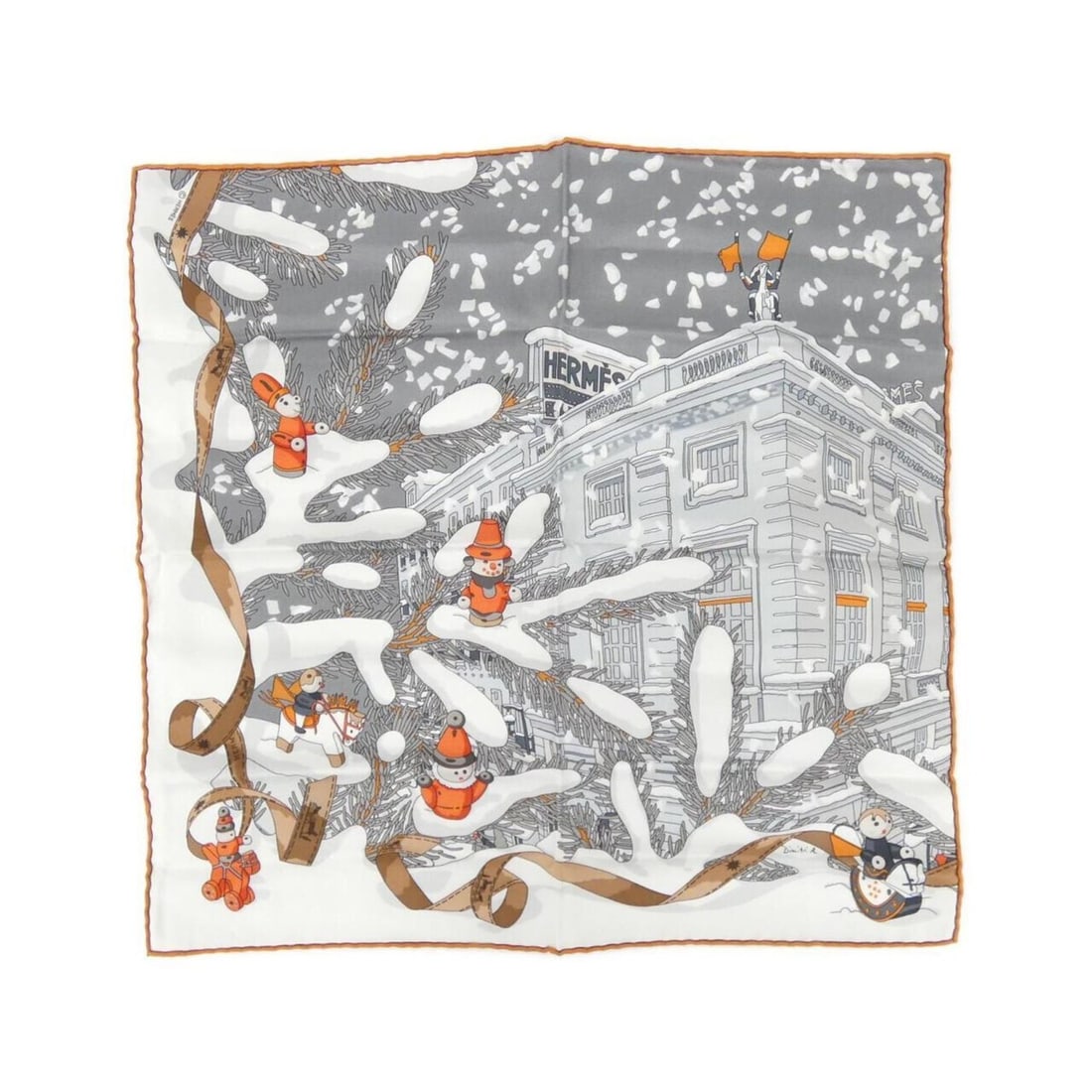Hermes Hermès NOEL AU 24 FAUBOURG Gavroche scarf/muffler: --- Catalog ---Category: SizeSize (LxW): 42cm x 42cm / 16.53'' x 16.53''Category: DesignType: ScarfColor: Gray, WhiteGender: WomenMaterial: Silk Category: GeneralBrand: Hermes--- Item List ---Section: