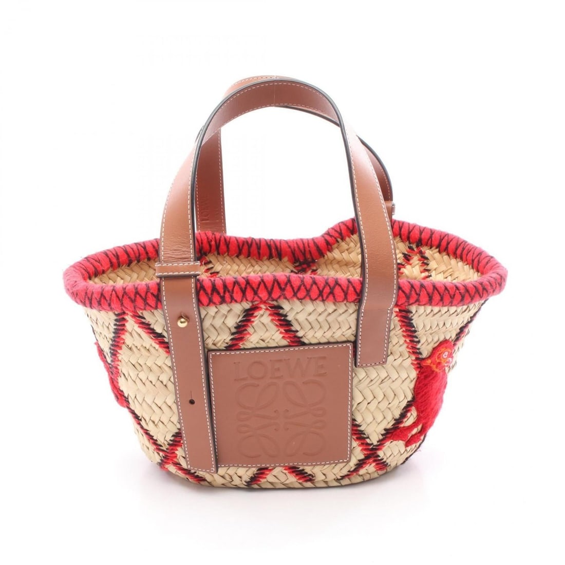 LOEWE Basket Bag, Small Handbag, Leather and Raffia Fabric, Women's, Beige, Brown, Red, 30350S93 (1 of 11)