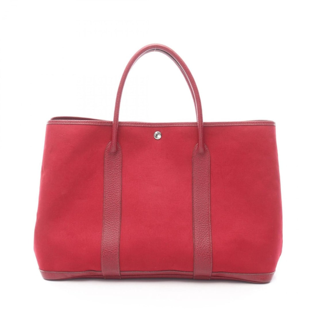 Hermes Hermès Garden Party MM Tote Bag, Leather, Toile Officier Fjord, Women's, Red: --- Catalog ---Category: SizeSize (HxWxD): 30cm x 42cm x 20cm / 11.81'' x 16.53'' x 7.87''Category: DesignType: Tote bagColor: Red color, Rouge vifGender: WomenMaterial: Toile officier , Fjord leather