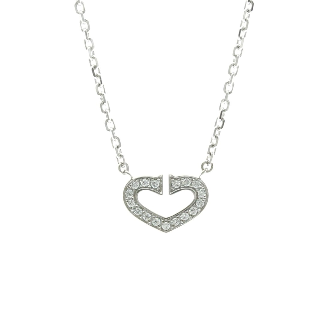 Cartier C Heart Diamond Necklace White Gold (18K) Diamond Men,Women Fashion Pendant Necklace: --- Catalog ---Category: SizeWeight: 5.2g / 0.18oz.Pendant Size: 8.5mm x 12.3mm / 0.33'' x 0.48''Neck Circumference: 39 cm / 15.35''Category: DesignColor: SilverMetal: White GoldStone: DiamondStyle: F