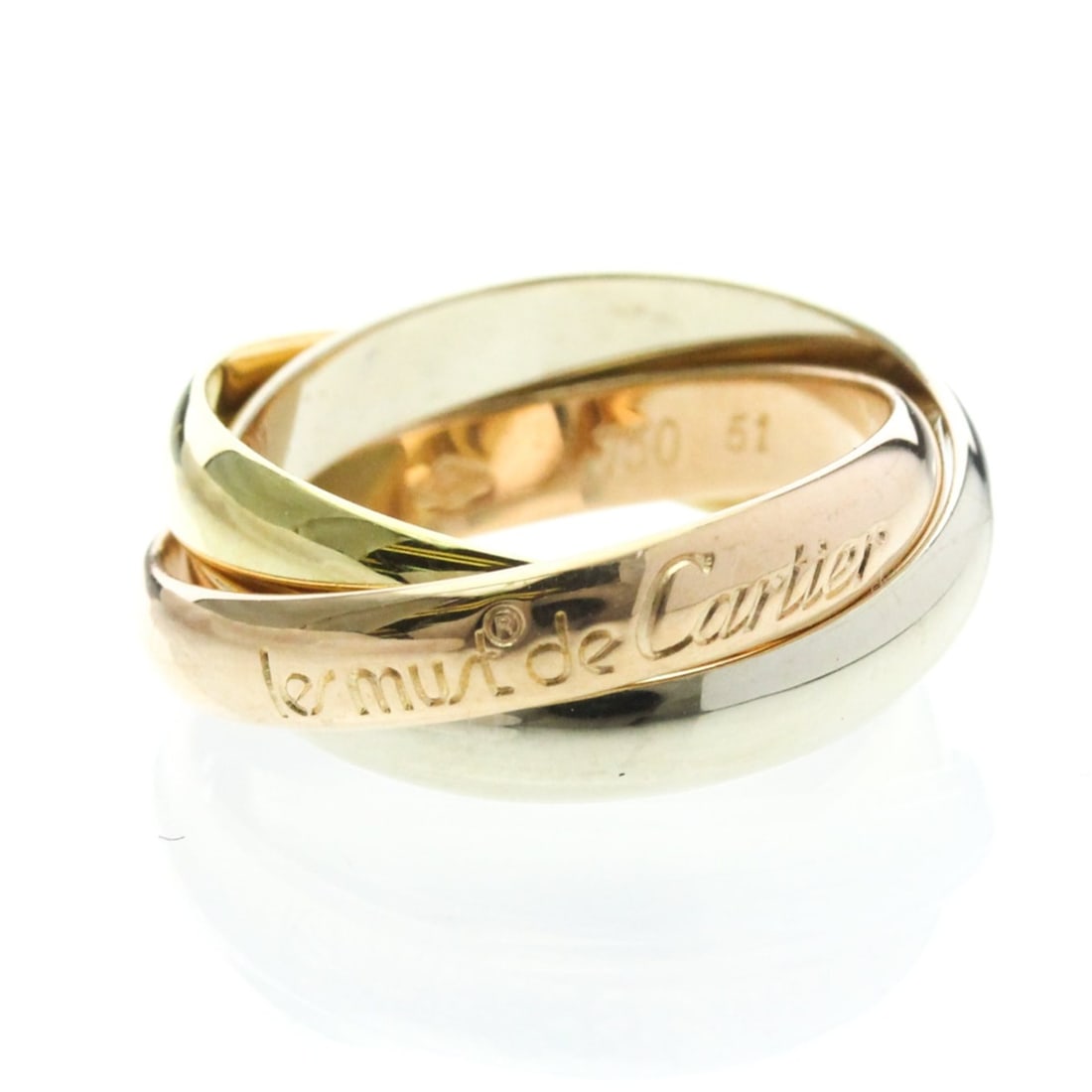 Cartier Trinity Yellow Gold (18K),Pink Gold (18K),White Gold (18K) Fashion No Stone Band Ring Gold: --- Catalog ---Category: SizeWidth: 3.4mm / 0.13''Weight: 7.6g / 0.26oz.JP Size: 11US Size: 5 3/4Brand Size: 51Category: DesignType: Band ringColor: GoldMetal: Gold, White GoldStone: No StoneStyle: Fa