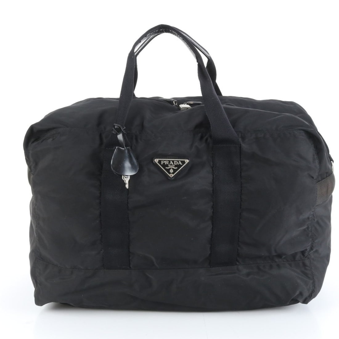 Prada Tessuto Nylon Triangle Logo Leather Boston Bag Tote Black Men's: --- Catalog ---Category: SizeSize (HxWxD): 35cm x 53cm x 25cm / 13.77'' x 20.86'' x 9.84''Handle Length: 60cm / 23.62''Category: DesignType: Boston bag, Tote bagColor: BlackGender: MenMaterial: Nylon