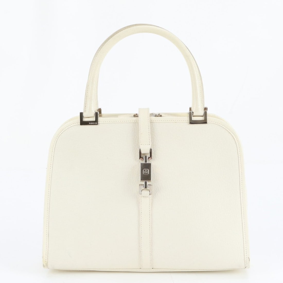 Gucci Jackie 002 1071 Leather Handbag/Tote Bag with Silver Hardware for Women: --- Catalog ---Category: SizeSize (HxWxD): 22cm x 29cm x 7cm / 8.66'' x 11.41'' x 2.75''Handle Length: 34cm / 13.38''Category: DesignType: Handbag, Tote bagColor: IvoryGender: WomenMaterial: Leather C