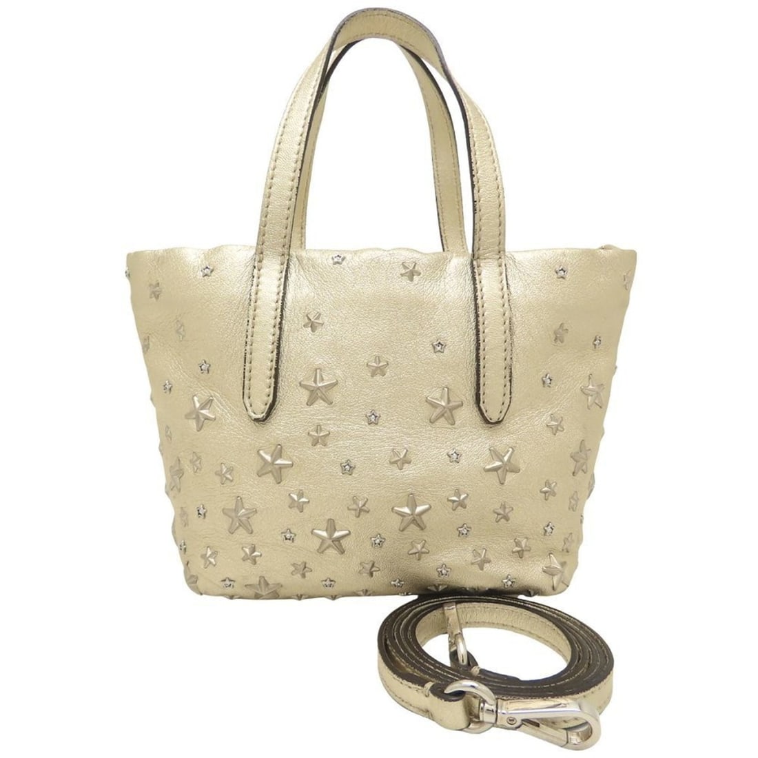 JIMMY CHOO Mini Sarah 2-Way Star Stud Handbag in Gold Leather, Women's, 353085: --- Catalog ---Category: SizeSize (HxWxD): 17cm x 24cm x 11cm / 6.69'' x 9.44'' x 4.33''Category: DesignType: HandbagColor: GoldGender: WomenMaterial: Leather Category: GeneralBrand: Jimmy Choo--- Ite