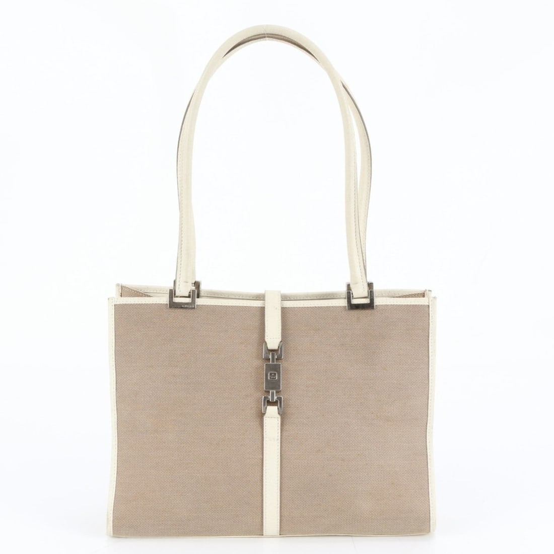 Gucci Jackie 002 1073 Leather Tote Bag/Shoulder Bag with Silver Hardware for Women: --- Catalog ---Category: SizeSize (HxWxD): 23cm x 30cm x 7cm / 9.05'' x 11.81'' x 2.75''Strap Length: 60cm / 23.62''Category: DesignType: Shoulder bag, Tote bagColor: BeigeGender: WomenMaterial: Leath