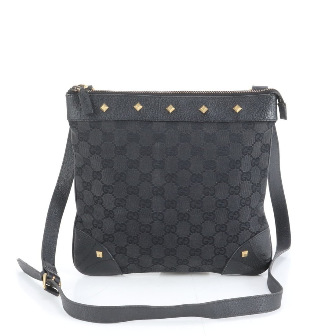 Gucci GG Canvas Stud Leather Shoulder Bag Crossbody Black 120893 Women's: --- Catalog ---Category: SizeSize (HxWxD): 24cm x 25cm x 1cm / 9.44'' x 9.84'' x 0.39''Strap Length: 107cm / 42.12''Category: DesignType: Shoulder bagColor: BlackGender: WomenMaterial: Leather , Canva