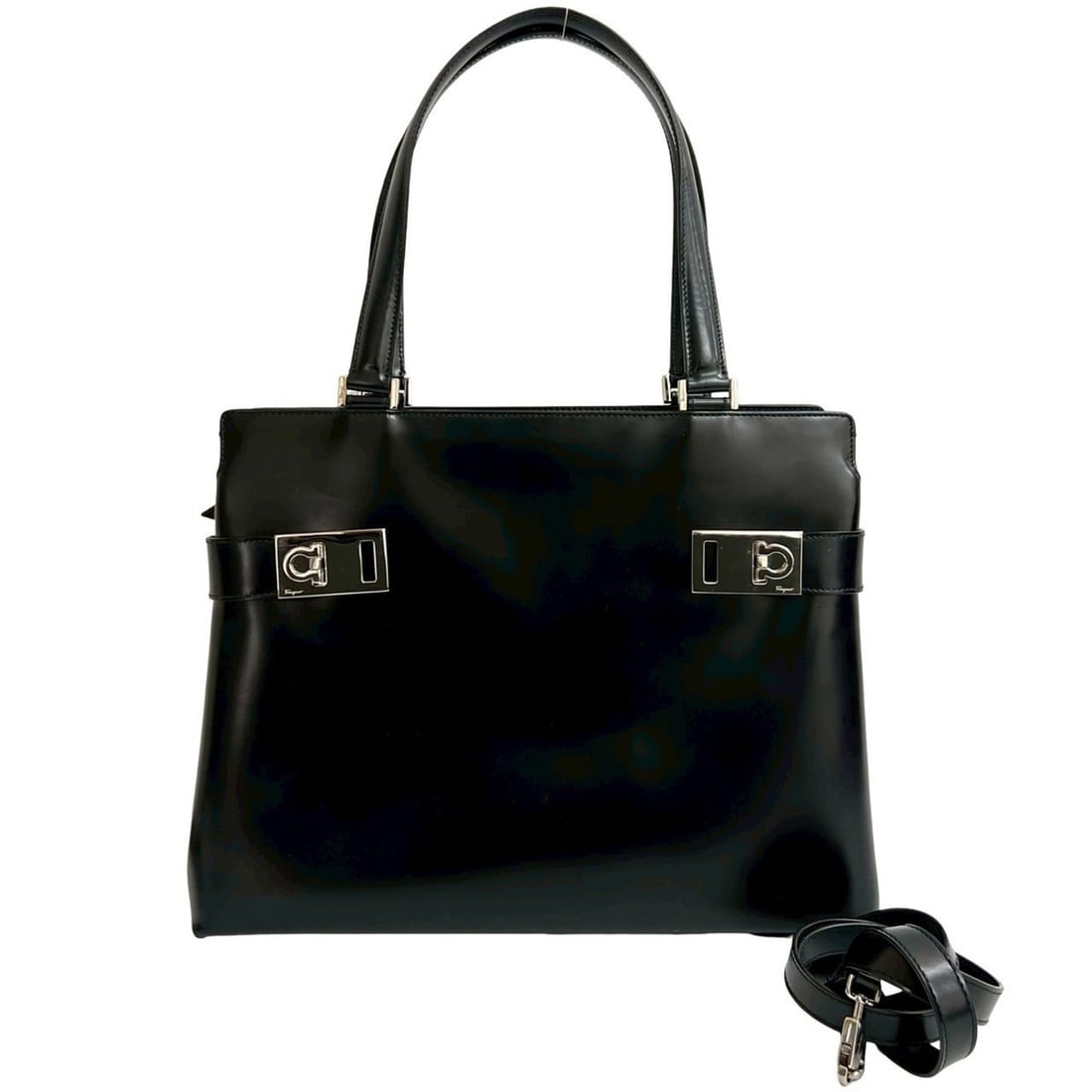 Salvatore Ferragamo Gancini Leather 2-Way Handbag/Shoulder Bag, Black, 45540: --- Catalog ---Category: SizeSize (HxWxD): 25cm x 33cm x 12cm / 9.84'' x 12.99'' x 4.72''Category: DesignType: Handbag, Shoulder bagColor: BlackGender: WomenMaterial: Leather Category: GeneralBrand: S