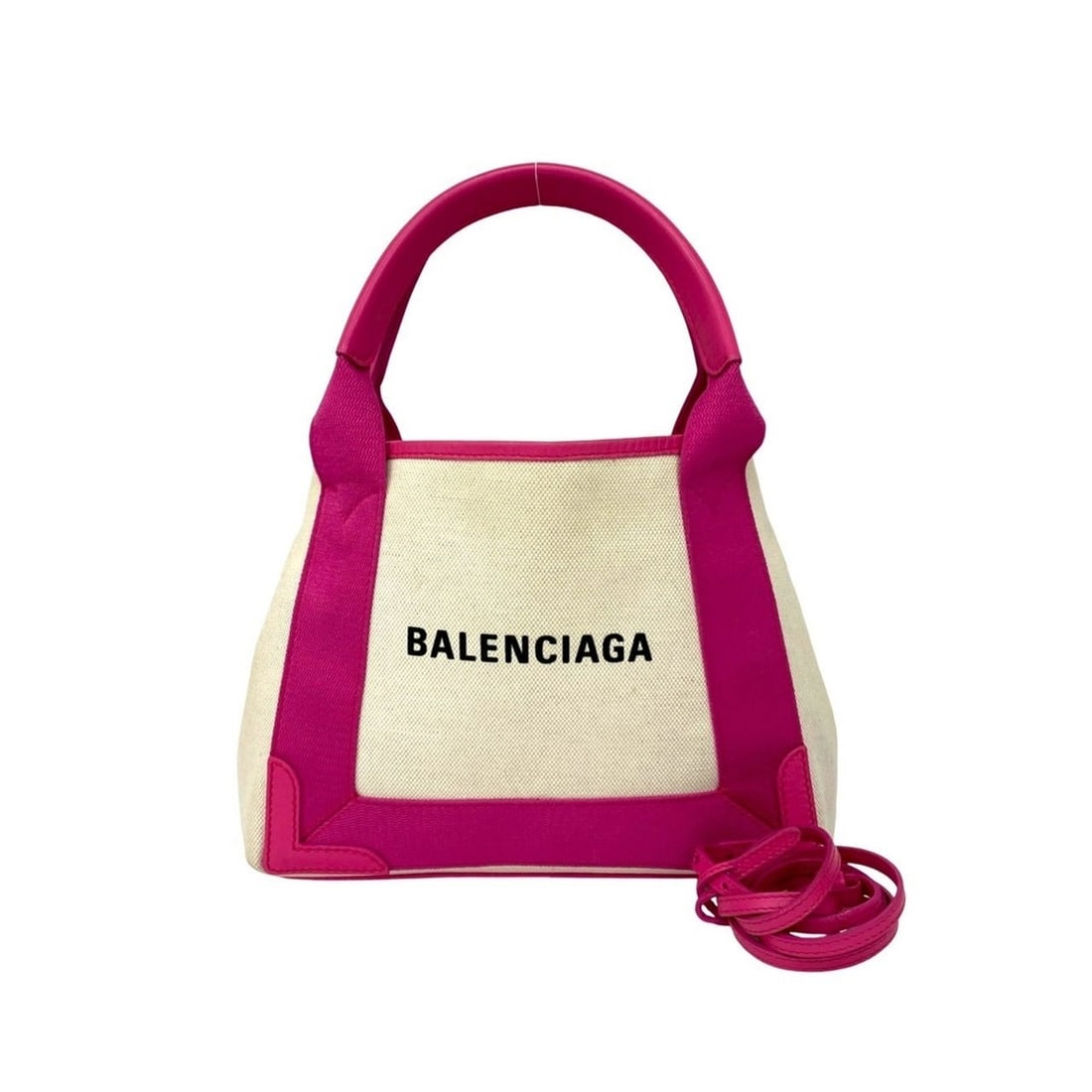 BALENCIAGA Navy Cabas Canvas and Leather 2-Way Handbag/Shoulder Bag, Pink/Ivory, 34743: --- Catalog ---Category: SizeSize (HxWxD): 19.5cm x 25cm x 7cm / 7.67'' x 9.84'' x 2.75''Category: DesignType: Handbag, Pouch, Shoulder bagColor: Ivory, PinkGender: WomenMaterial: Canvas , Leather Cat