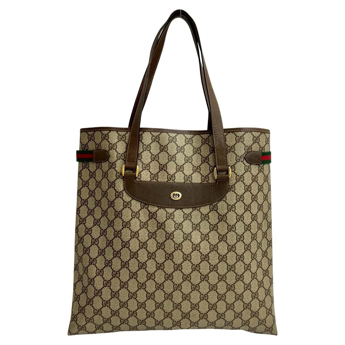 GUCCI Old Gucci Sherry Line GG Logo Leather Tote Bag Handbag Brown 30206: --- Catalog ---Category: SizeSize (HxWxD): 36.5cm x 37cm x 9cm / 14.37'' x 14.56'' x 3.54''Category: DesignType: Handbag, Tote bagColor: Brown, Green, Red colorGender: WomenMaterial: Leather , PVC Cat