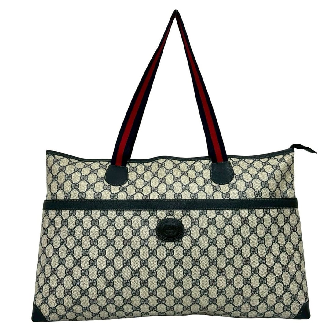 GUCCI Old Gucci Sherry Line GG Supreme Logo All-Over Print Leather Tote Bag Handbag Navy Red 33667: --- Catalog ---Category: SizeSize (HxWxD): 32cm x 50.5cm x 11cm / 12.59'' x 19.88'' x 4.33''Category: DesignType: Handbag, Tote bagColor: Navy, Red colorGender: WomenMaterial: Leather , PVC Category: