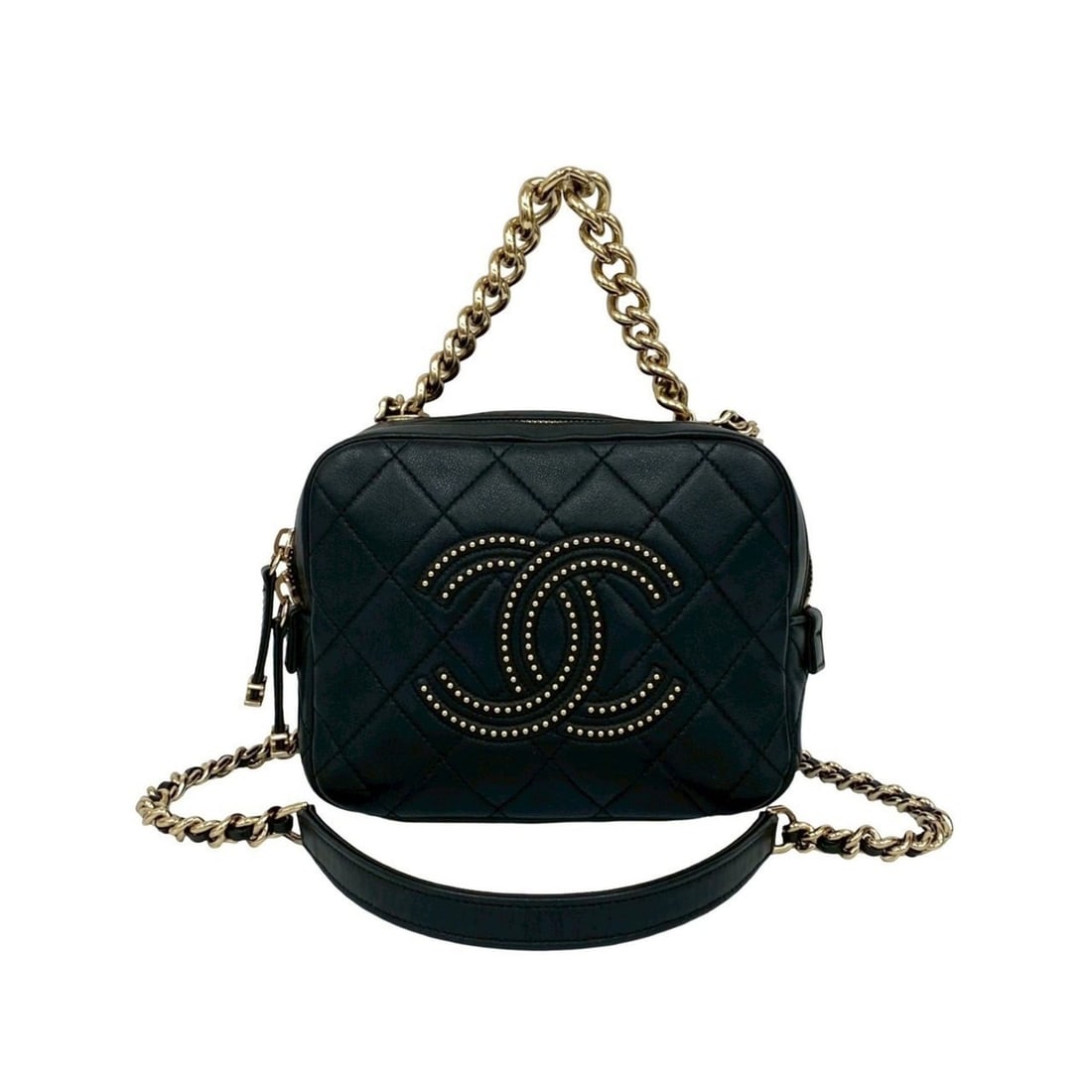 CHANEL Matelasse Coco Stud Leather 2-Way Handbag with Chain Shoulder Bag 39374: --- Catalog ---Category: SizeSize (HxWxD): 14cm x 18cm x 7.5cm / 5.51'' x 7.08'' x 2.95''Category: DesignType: Handbag, Shoulder bagColor: BlackGender: WomenMaterial: Leather Category: GeneralBrand: C