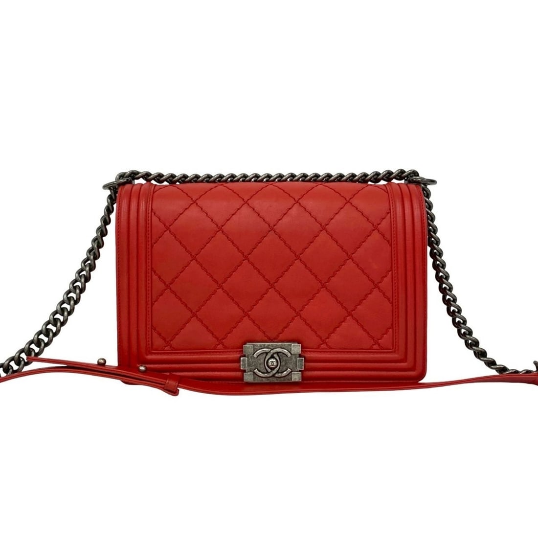 CHANEL Boy Chanel Coco Mark Leather Chain Semi Shoulder Bag Red 21837 (1 of 15)