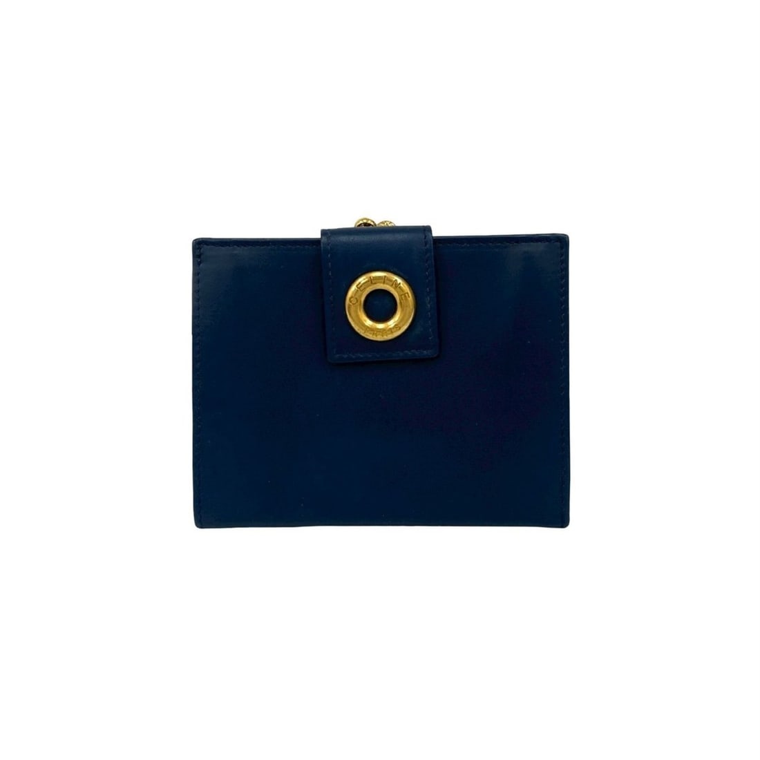 CELINE Circle Logo Leather Clasp Bi-fold Wallet Navy 49014: --- Catalog ---Category: SizeSize (HxWxD): 9cm x 11.5cm x 1.5cm / 3.54'' x 4.52'' x 0.59''Category: DesignType: Wallet (bi-fold)Color: NavyGender: WomenMaterial: Leather Category: GeneralBrand: Celine