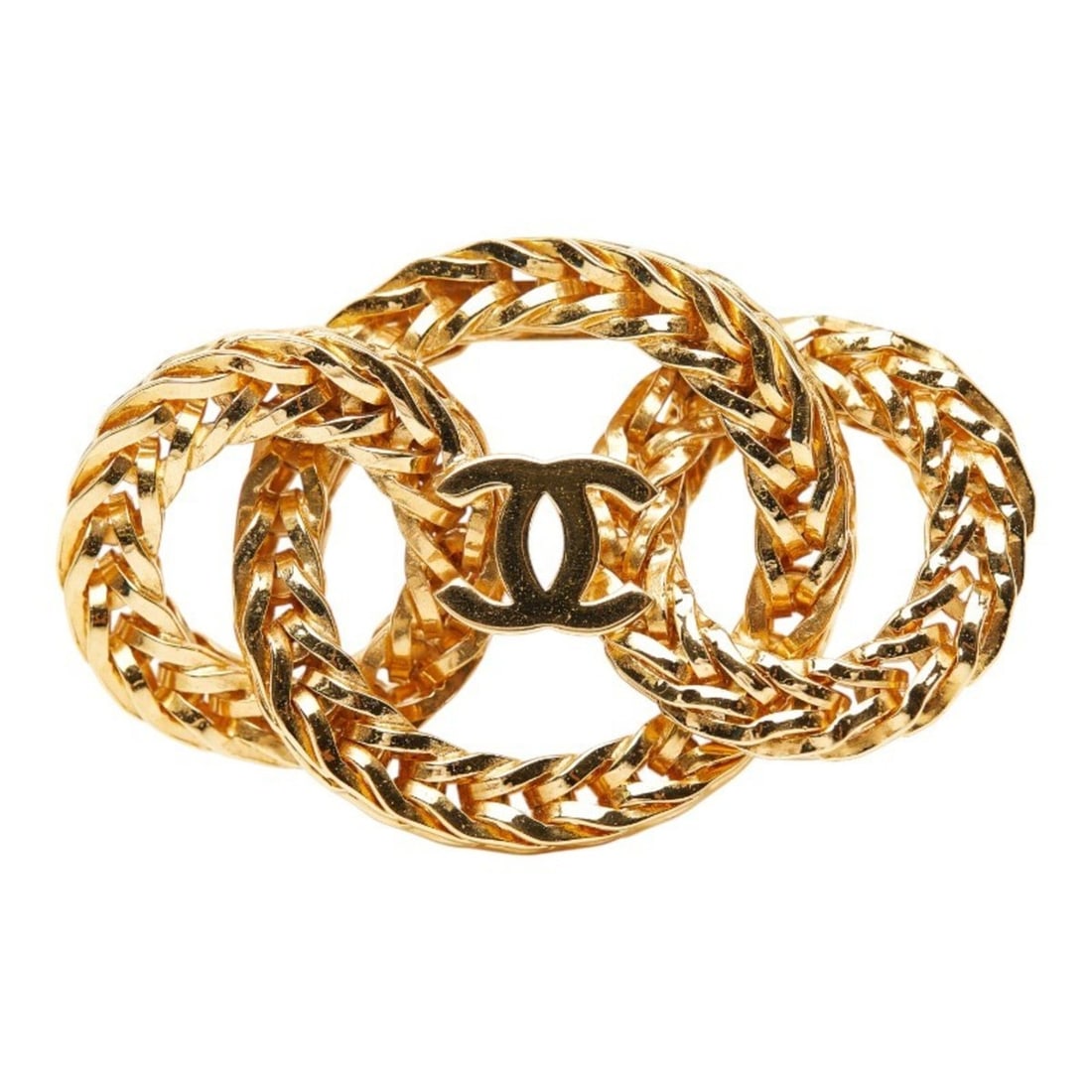 CHANEL Triple Circle Coco Mark Chain Brooch, Gold Plated, Women's: --- Catalog ---Category: SizeSize (HxWxD): 4.08cm x 6.49cm / 1.6'' x 2.55''Category: DesignType: BroochColor: GoldGender: WomenMaterial: Gold platingCategory: GeneralBrand: Chanel--- Item List ---Sect
