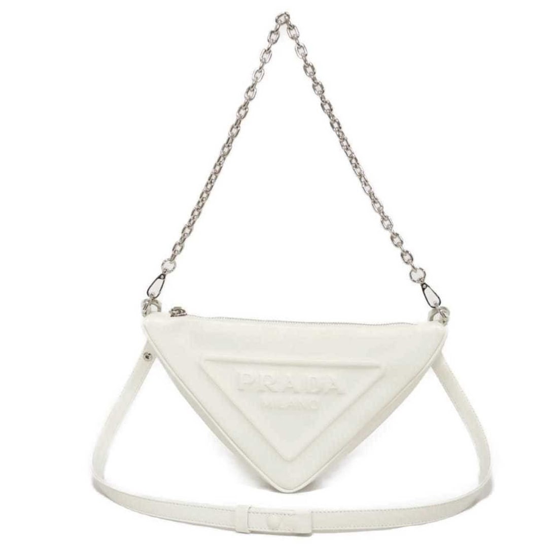 Prada Triangle Calfskin Chain Shoulder Bag with RFID IC Embossing, Bianco, 1BC543 2BYA F0009, (1 of 15)