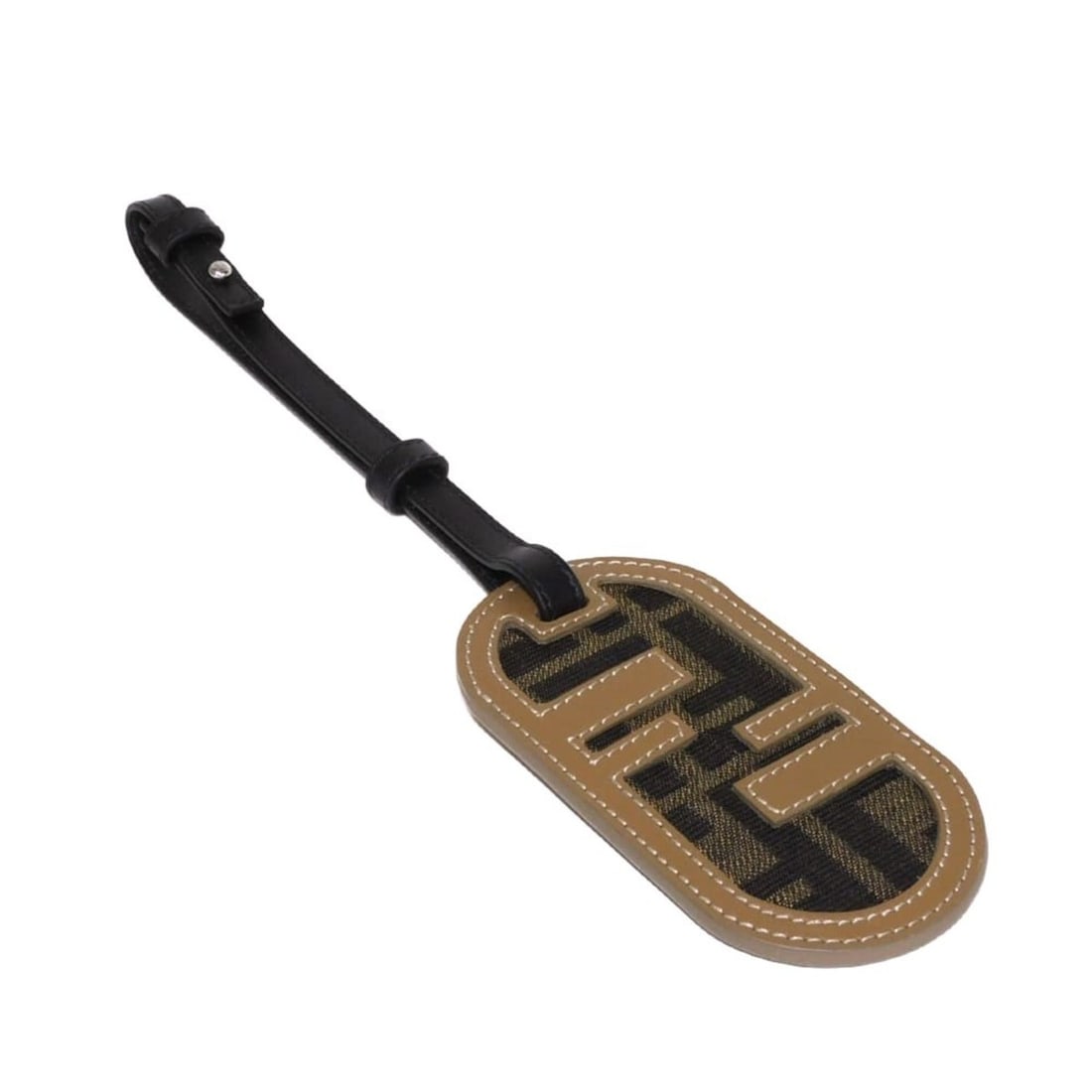 Fendi FF name badge travel tag charm in khaki calfskin with brown Zucca fabric, unused. Item number: --- Catalog ---Category: SizeSize (HxWxD): 55.00mm x 255.00mm / 2.17'' x 10.04''Category: DesignType: Handbag charmColor: BrownGender: Men,WomenMaterial: LeatherCategory: GeneralMPN: 7AS115 AL8H F1IKC
