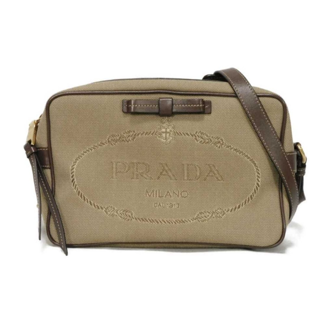 Prada Jacquard Ribbon Camera Bag, Calfskin Crossbody Triangle Brown, 1BH089, Women's Bag (1 of 20)