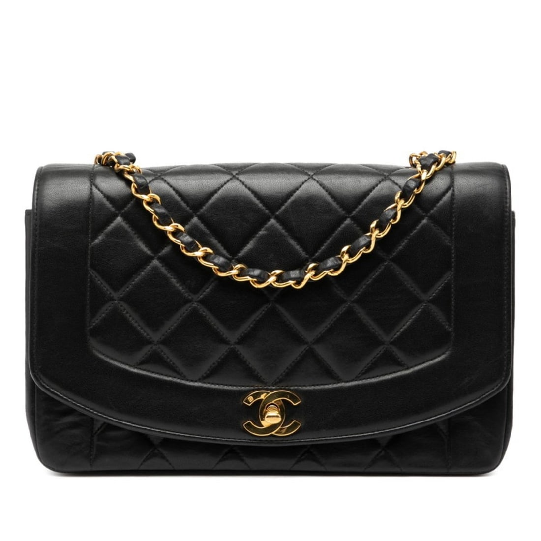 CHANEL Matelasse 25 Diana Chain Shoulder Bag in Black Lambskin for Women: --- Catalog ---Category: SizeStrap Drop: 51.5cm / 20.27''Size (HxWxD): 16cm x 25cm x 7cm / 6.29'' x 9.84'' x 2.75''Category: DesignType: Shoulder bagColor: BlackGender: WomenClosure: Turn lockMaterial