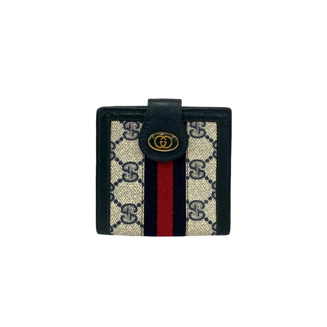 GUCCI Old Gucci Sherry Line GG Logo All-Over Print Leather Bifold Wallet Navy 34826: --- Catalog ---Category: SizeSize (HxWxD): 9cm x 9.5cm x 1cm / 3.54'' x 3.74'' x 0.39''Category: DesignType: Wallet (bi-fold)Color: Navy, Red colorGender: WomenMaterial: Leather , PVC Category: Genera