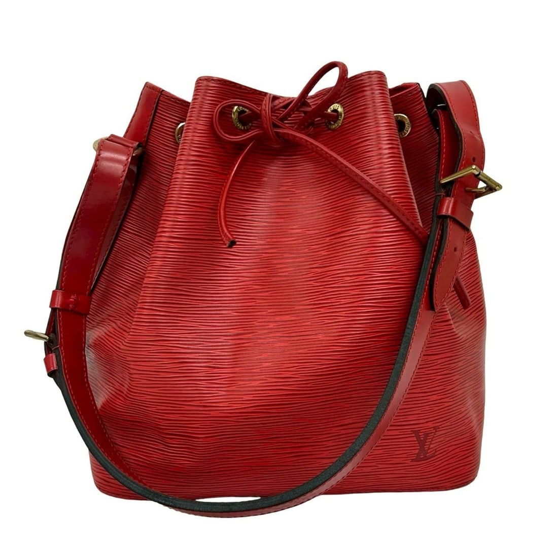 LOUIS VUITTON Petit Noe Epi Leather Drawstring Semi Shoulder Bag, Castilian Red, 438-7: --- Catalog ---Category: SizeSize (HxWxD): 26.5cm x 25.5cm x 19cm / 10.43'' x 10.03'' x 7.48''Category: DesignType: Shoulder bagColor: Red colorGender: WomenMaterial: Epi leather Category: GeneralBran