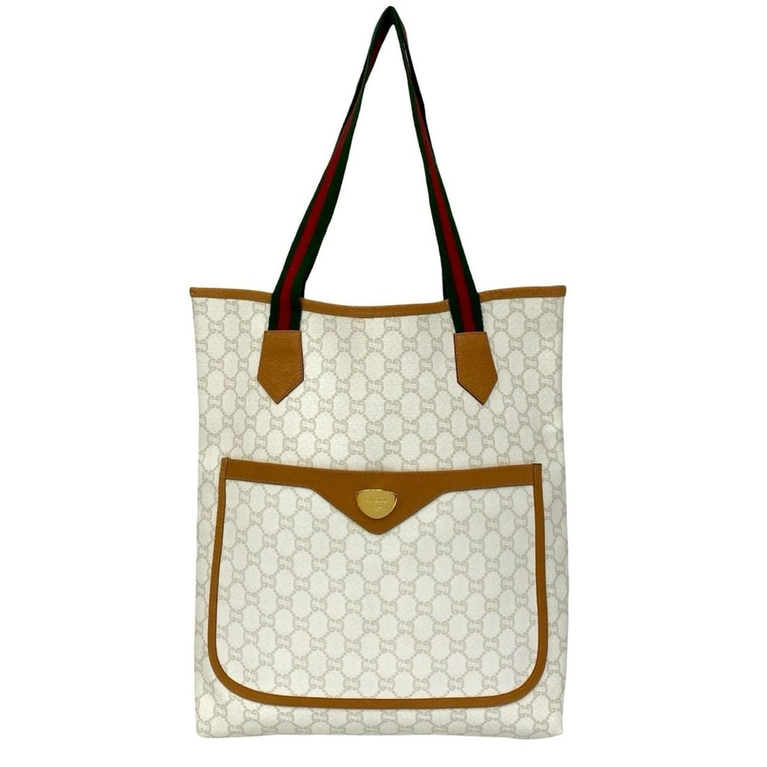 GUCCI Old Gucci Sherry Line Plus Logo Leather Tote Bag White Brown 558-2 (1 of 12)