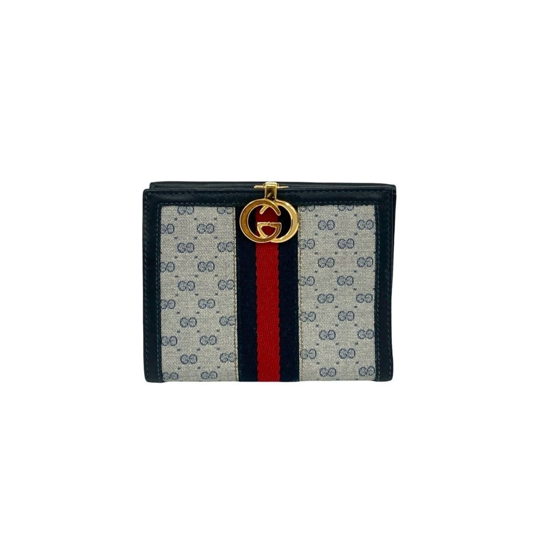 GUCCI Old Gucci Sherry Line GG Logo All-Over Print Leather Bifold Wallet Navy 32571 (1 of 12)