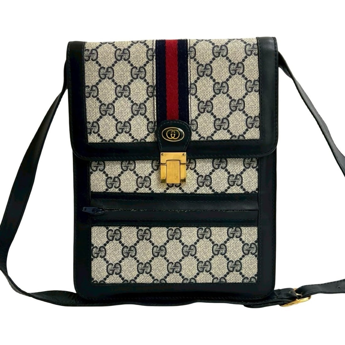 GUCCI Old Gucci Sherry Line GG Logo Leather Shoulder Bag Pochette Navy 43599: --- Catalog ---Category: SizeSize (HxWxD): 26cm x 20cm x 3cm / 10.23'' x 7.87'' x 1.18''Category: DesignType: Pochette, Shoulder bagColor: Navy, Red colorGender: WomenMaterial: Leather , PVC Category: