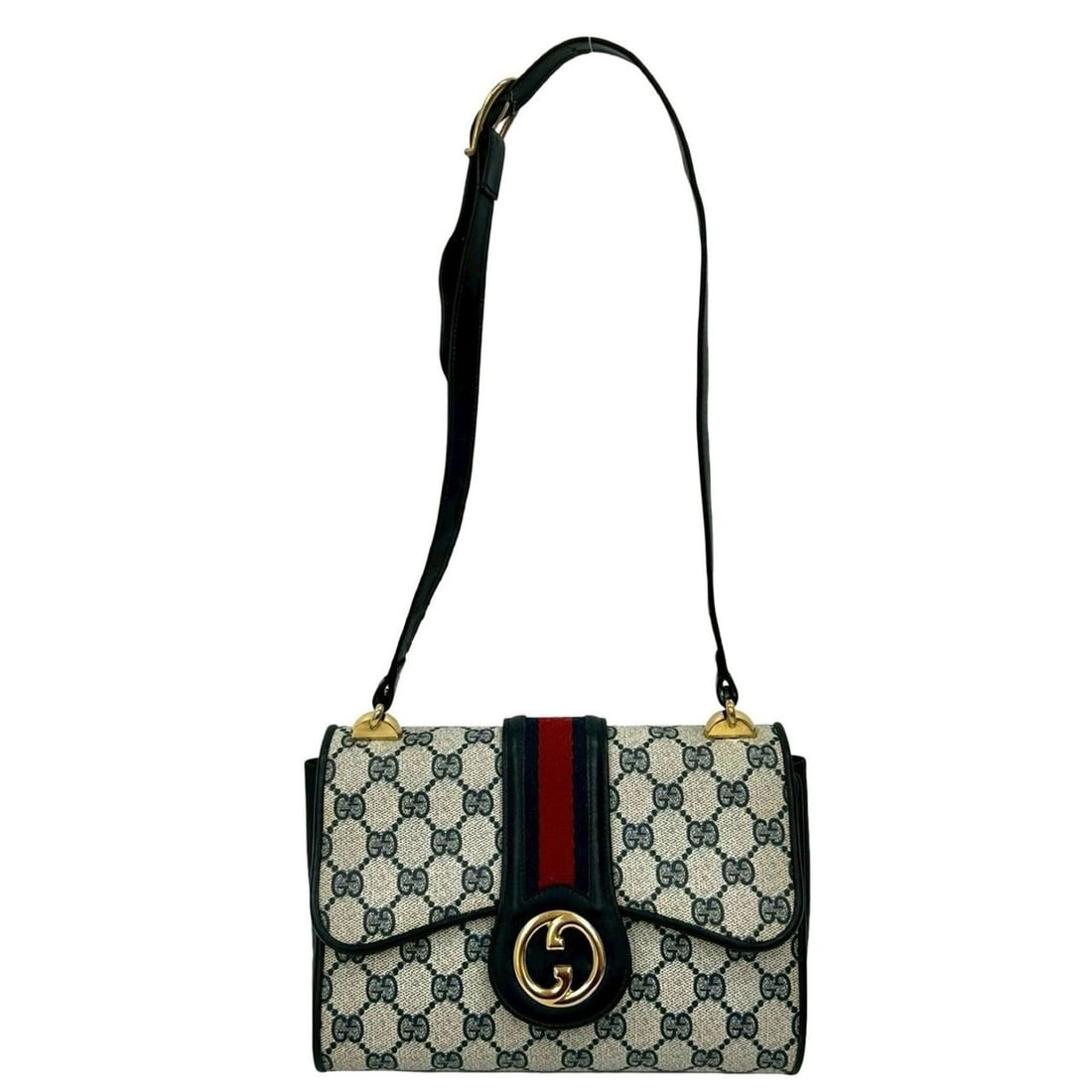 GUCCI Old Gucci Sherry Line GG Logo Leather Mini Shoulder Bag Navy Red 49584: --- Catalog ---Category: SizeSize (HxWxD): 16cm x 22cm x 5cm / 6.29'' x 8.66'' x 1.96''Category: DesignType: Shoulder bagColor: Navy, Red colorGender: WomenMaterial: Leather , PVC Category: GeneralBra