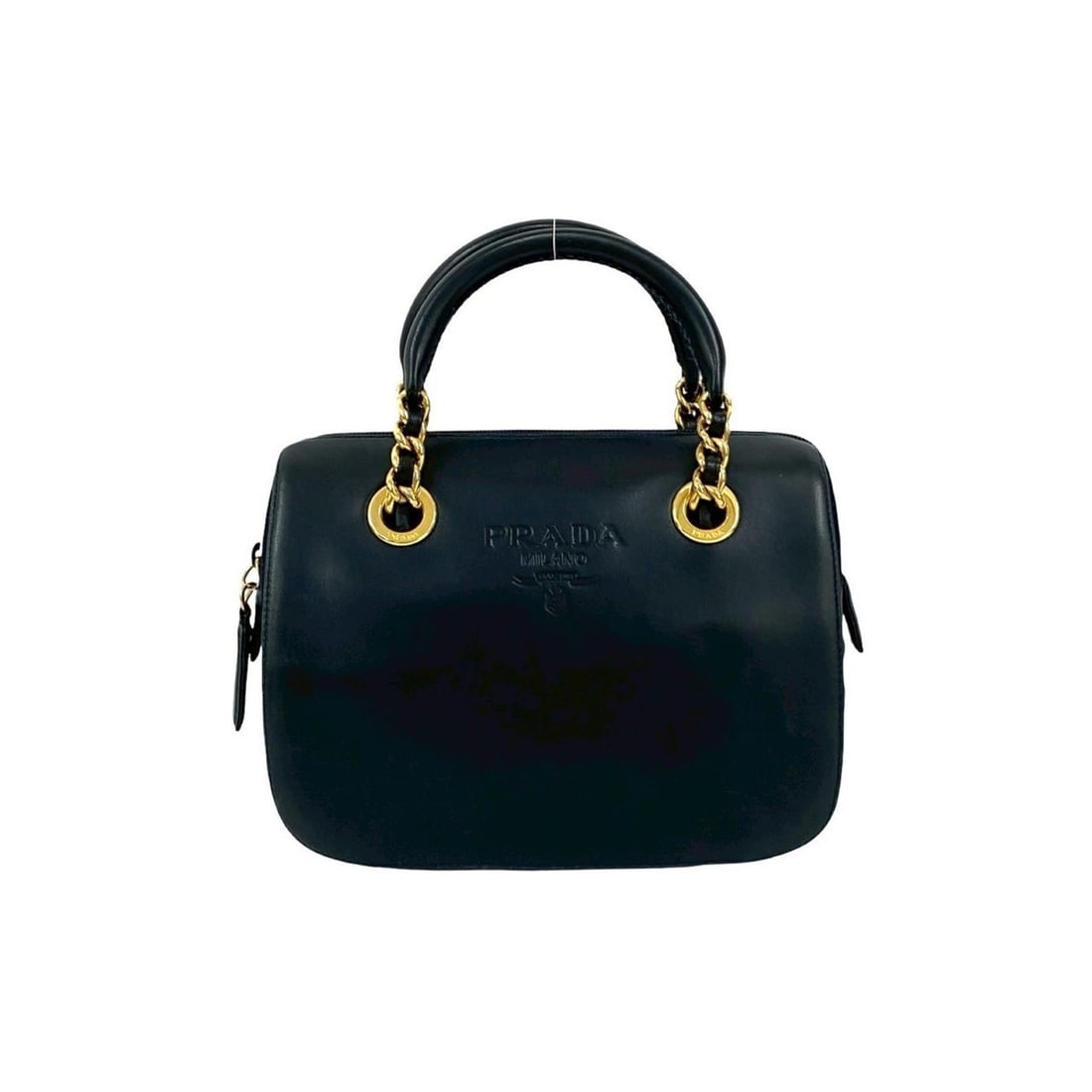 PRADA Prada Leather and Nylon Chain Handle Handbag Mini Boston Bag Navy 39743: --- Catalog ---Category: SizeSize (HxWxD): 18.5cm x 22cm x 11.5cm / 7.28'' x 8.66'' x 4.52''Category: DesignType: Boston bag, HandbagColor: NavyGender: WomenMaterial: Leather , Nylon Category: General