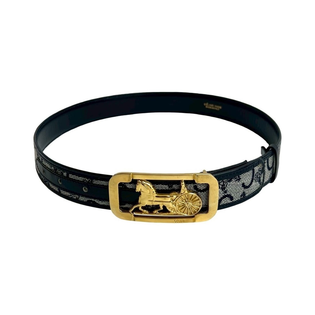 CELINE Horse Carriage Buckle Logo Leather Canvas Belt Size 70 Navy 54714: --- Catalog ---Category: SizeLength: 67.5cm - 76.5cm / 26.57'' - 30.11''Category: DesignType: Standard beltColor: NavyGender: WomenMaterial (Strap): Leather , Canvas Category: GeneralBrand: Celine---