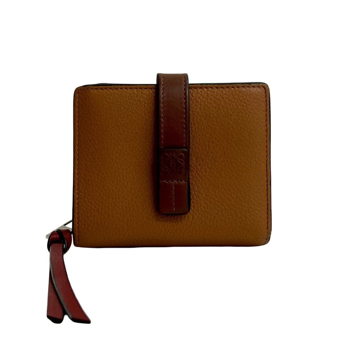 LOEWE Anagram Leather Bifold Wallet with Card Case, Brown and Red, 23589: --- Catalog ---Category: SizeSize (HxWxD): 9cm x 11cm x 3cm / 3.54'' x 4.33'' x 1.18''Category: DesignType: Wallet (bi-fold)Color: Brown, Red colorGender: WomenMaterial: Leather Category: GeneralBrand