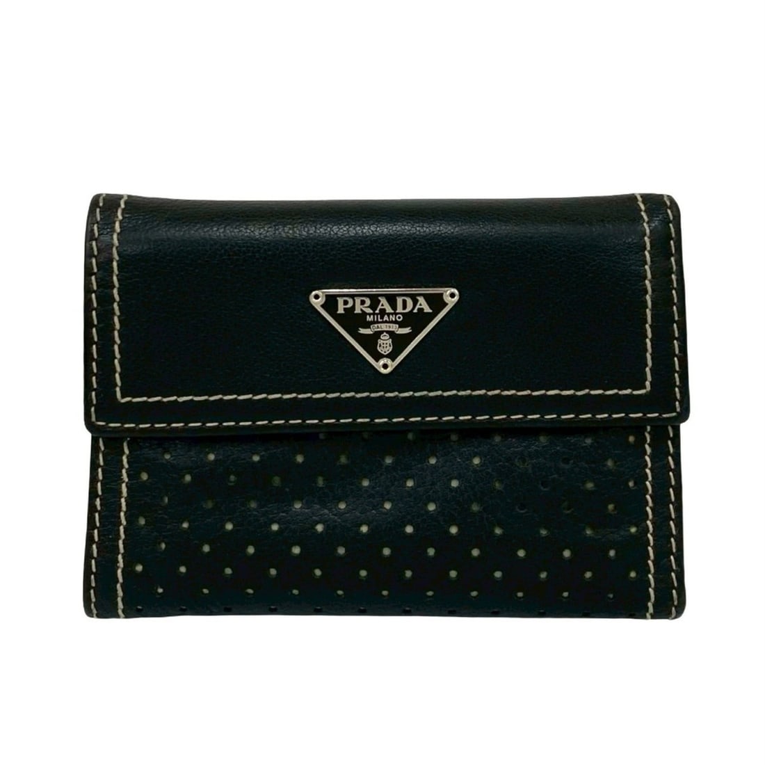 PRADA Prada Triangle Logo Plate Stitching Punched Leather Trifold Wallet Black 12098: --- Catalog ---Category: SizeSize (HxWxD): 8cm x 12cm x 1cm / 3.14'' x 4.72'' x 0.39''Category: DesignType: Wallet (tri-fold)Color: BlackGender: WomenMaterial: Leather Category: GeneralBrand: Prada---