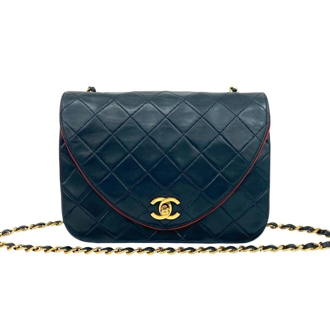 CHANEL Matelasse Coco Mark Lambskin Shoulder Bag, Navy Red, Two-Tone, 374911: --- Catalog ---Category: SizeSize (HxWxD): 16cm x 21cm x 7cm / 6.29'' x 8.26'' x 2.75''Category: DesignType: Shoulder bagColor: Navy, Red colorGender: WomenMaterial: Leather Leather/Fur Type: Lambskin