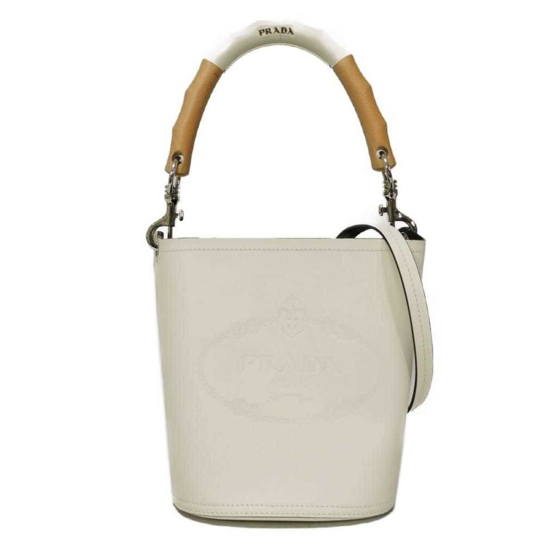 Prada Tambour Bucket Bag, Calfskin Wood Shoulder Bag with RFID IC Embossing, White, 1BE048, Women's: --- Catalog ---Category: SizeSize (HxWxD): 22cm x 22cm x 14.5cm / 8.66'' x 8.66'' x 5.7''Category: DesignType: Baguette bag, Handbag, Shoulder bagColor: WhiteGender: WomenMaterial: Wood , Leather Leat