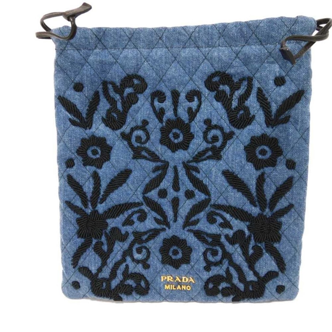 Prada Denim Pouch Handbag with Embroidery, Black Quilted Metallic, and Blue Cotton, 1MU001 2BKN: --- Catalog ---Category: SizeSize (HxWxD): 23cm x 20cm x 2cm / 9.05'' x 7.87'' x 0.78''Category: DesignType: Handbag, PouchColor: Black, BlueGender: Men,WomenMaterial: Cotton Category: GeneralMPN: 1MU