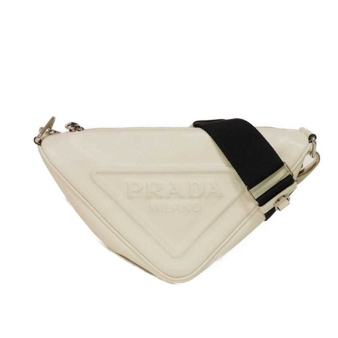 Prada Triangle Leather Crossbody Shoulder Bag in White with RFID IC Chip Embossing, Bianco, 1BH190: --- Catalog ---Category: SizeSize (HxWxD): 15cm x 26cm x 10.5cm / 5.9'' x 10.23'' x 4.13''Category: DesignType: Pouch, Shoulder bagColor: Bianco, WhiteGender: Men,WomenMaterial: Leather Leather/Fur Ty