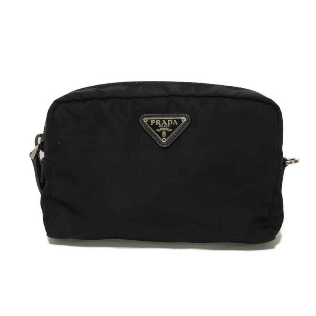 Prada Vera Clutch Bag Pouch in Black Saffiano with Silver Triangle Nylon and Nero 1NE021 067 F0002 (1 of 20)